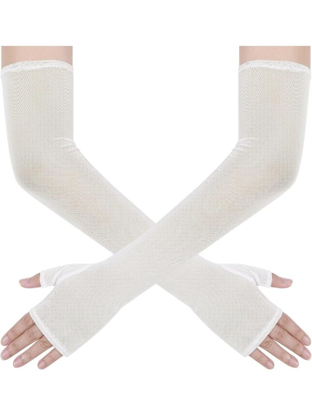 Women's Ivory Elbow Length Tulle Mesh Long Fingerless Opera Party Sheer Gloves